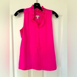 J. Crew Sleeveless button-front ruffleneck popover in bright pink silk